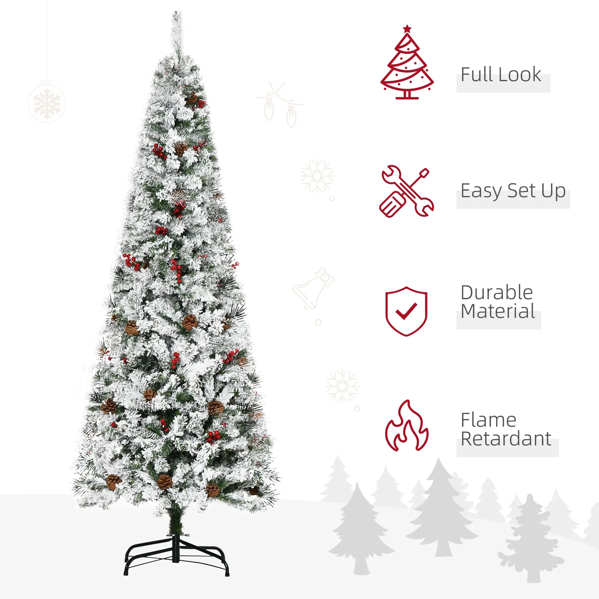 6 Foot Flocked Artificial Christmas Tree, 600 Pine Branches, Pine Cones, Red Berries, Auto Open, Green Pencil Christmas Trees at Gallery Canada