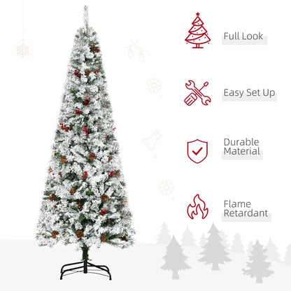 6 Foot Flocked Artificial Christmas Tree, 600 Pine Branches, Pine Cones, Red Berries, Auto Open, Green Pencil Christmas Trees at Gallery Canada
