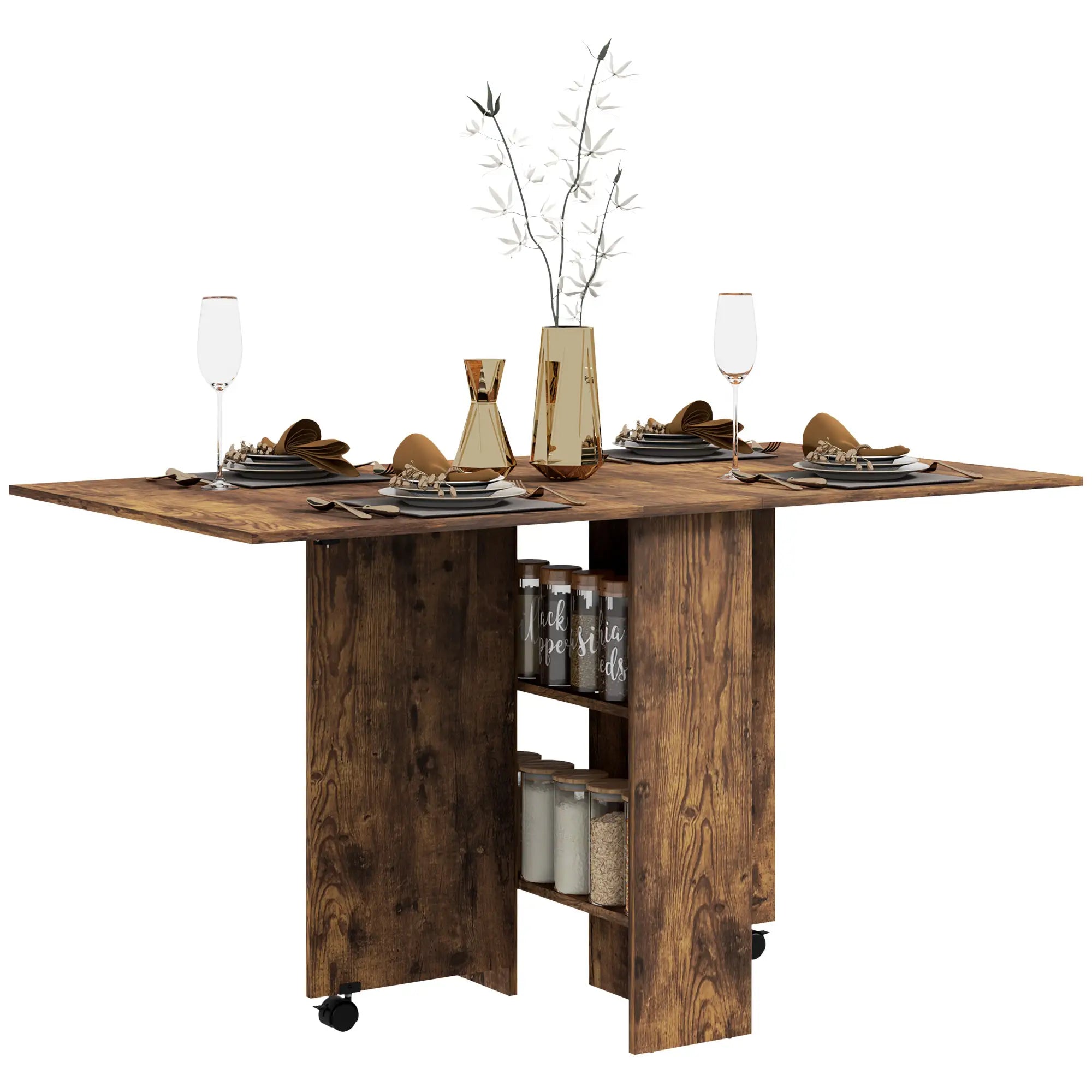Extendable Dining Table, Collapsible w/ Shelves, Casters, Rustic Brown, Brown Dining Tables Rustic Brown at Gallery Canada
