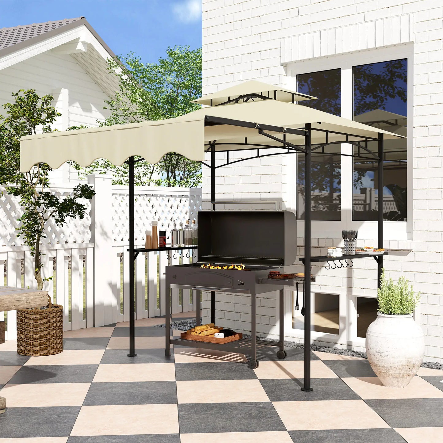 8' x 7.6' Grill Gazebo, Double Tiered, With Side Awning, Beige BBQ Grill Gazebos at Gallery Canada
