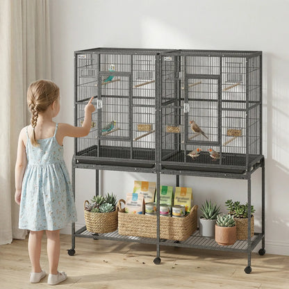 56"H Bird Cage, Parrot Cage w/ Detachable Rolling Stand, Removable Tray, Storage Shelf, Perches, Food Container Bird Cages at Gallery Canada