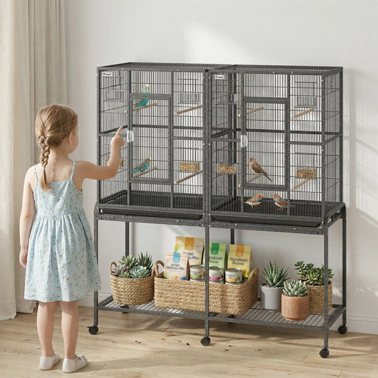 56"H Bird Cage, Parrot Cage w/ Detachable Rolling Stand, Removable Tray, Storage Shelf, Perches, Food Container Bird Cages Black at Gallery Canada