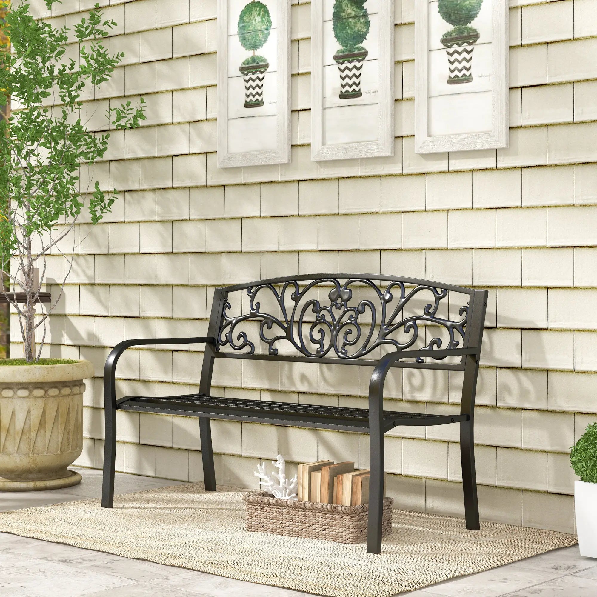50 2-Seater Garden Bench, Outdoor Blossoming Pattern, Black Outdoor Benches at Gallery Canada