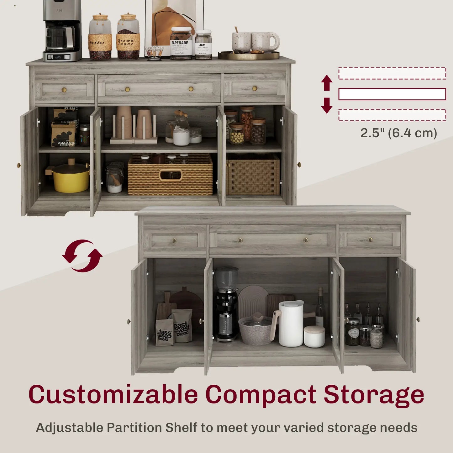 Sideboard Buffet Cabinet, Coffee Bar with Glass Doors, Adjustable Shelves, Weathered Grey Oak, Grey Bar Cabinets at Gallery Canada