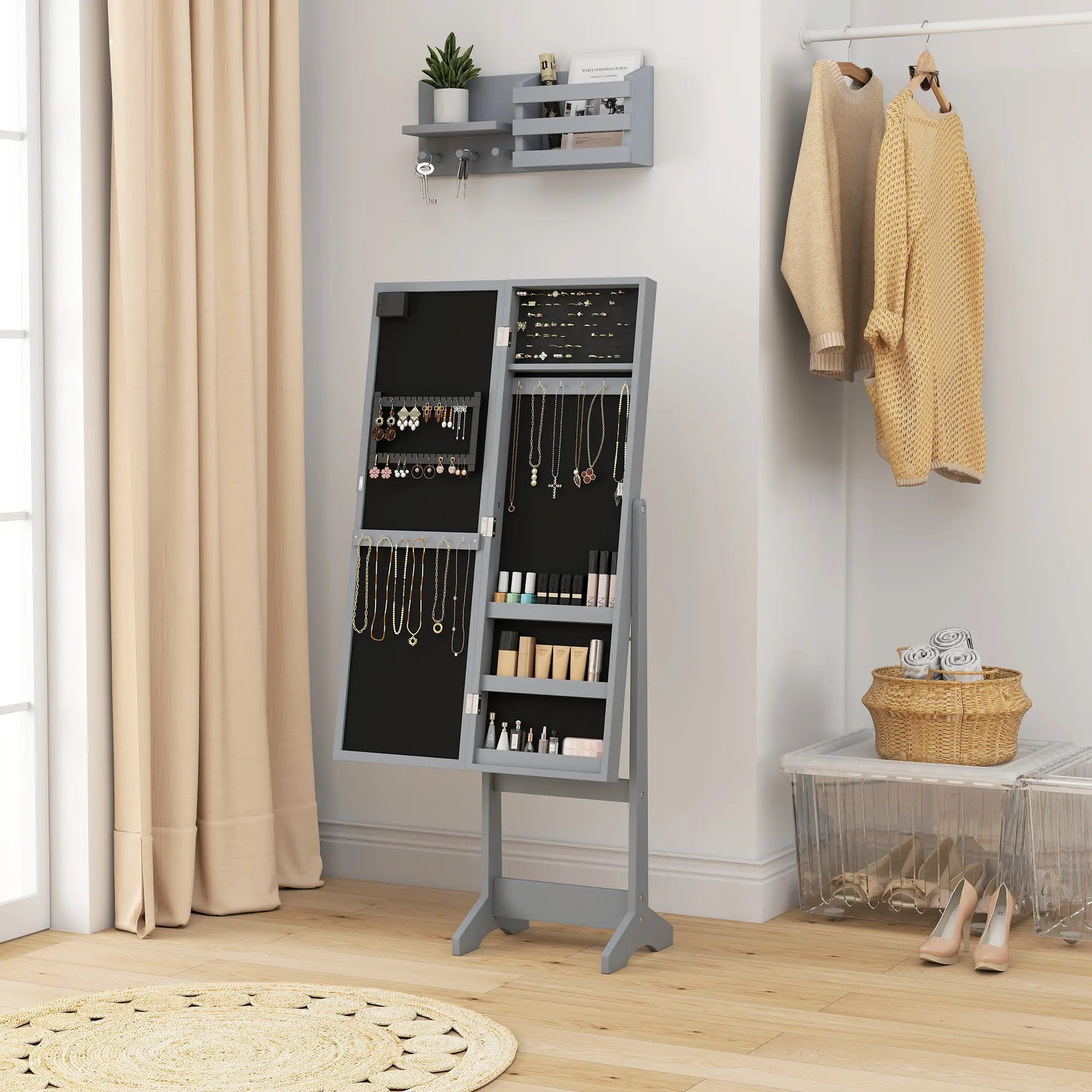 Free Standing Armoire Organizer, Lighted Mirrored Jewelry Cabinet, Grey Jewellery Armoire & Jewellery Mirror Cabinets at Gallery Canada