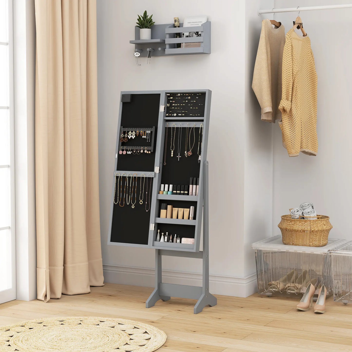 Free Standing Armoire Organizer, Lighted Mirrored Jewelry Cabinet, Grey Jewellery Armoire & Jewellery Mirror Cabinets at Gallery Canada