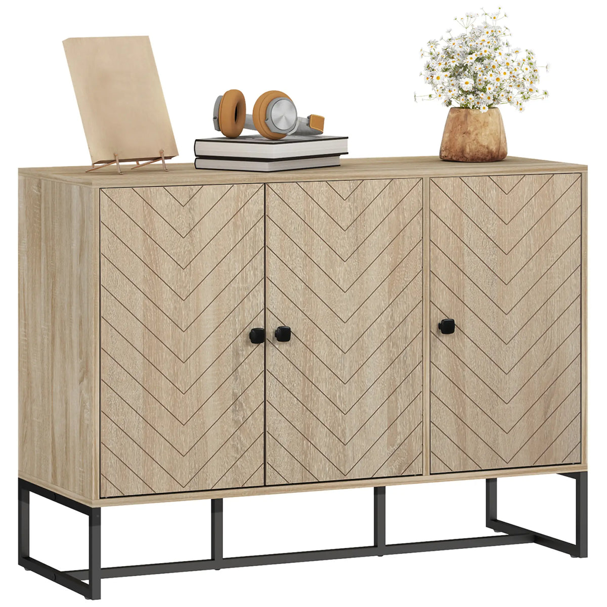 Modern Sideboard, Adjustable Shelves, 3 Chevron Doors, Oak Wood Grain Storage Cabinets at Gallery Canada