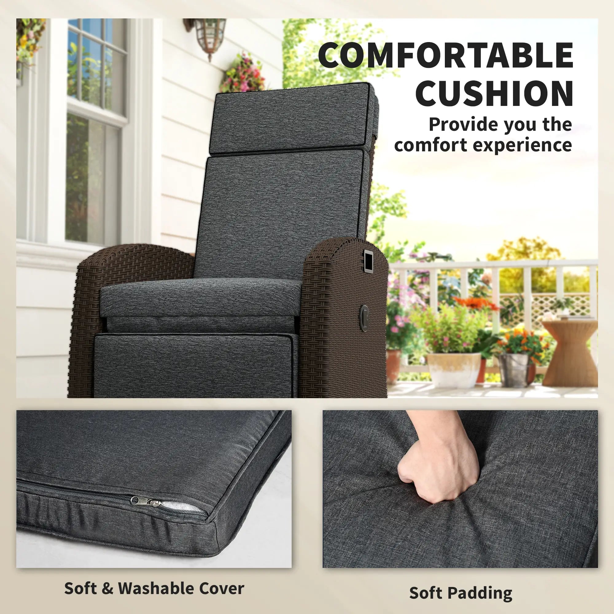 Outdoor Recliner Chair, Adjustable Backrest, Cushion, Side Tray, Dark Grey Wicker Chaise Loungers at Gallery Canada