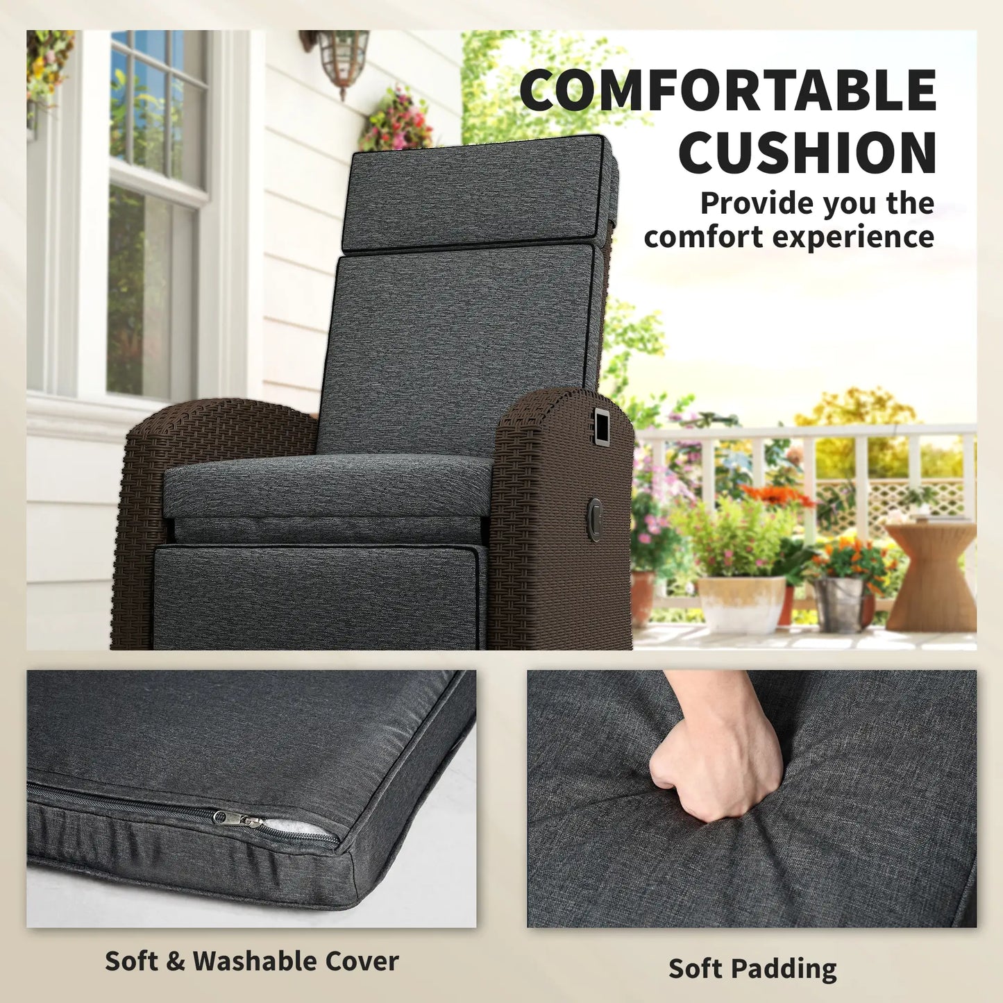 Outdoor Recliner Chair, Adjustable Backrest, Cushion, Side Tray, Dark Grey Wicker Chaise Loungers at Gallery Canada