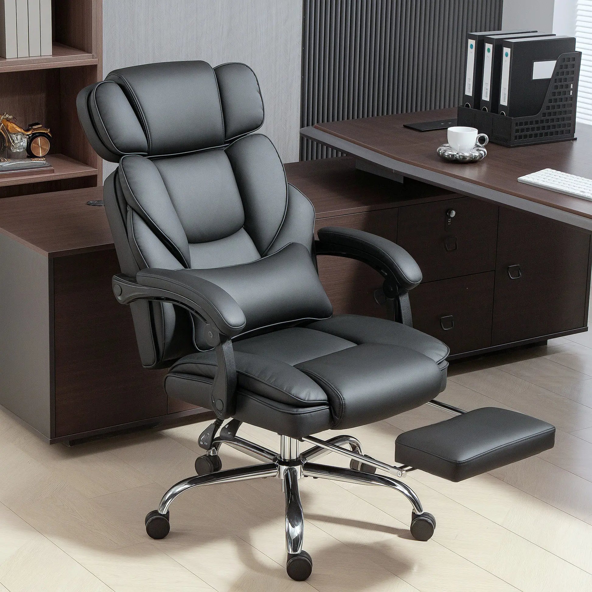 PU Leather Office Chair, Reclining with Footrest, Adjustable Headrest, Lumbar Support, Black Executive & Manager Chairs at Gallery Canada