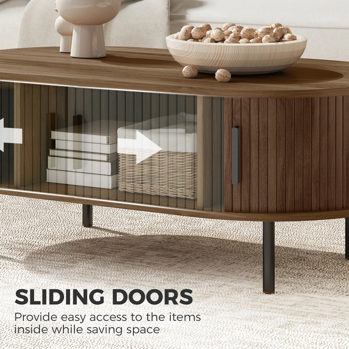 Coffee Table with Sliding Tambour Doors and Storage Center Table with Metal Legs, 39", Brown