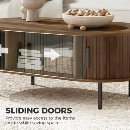 Coffee Table with Sliding Tambour Doors and Storage Center Table with Metal Legs, 39", Brown
