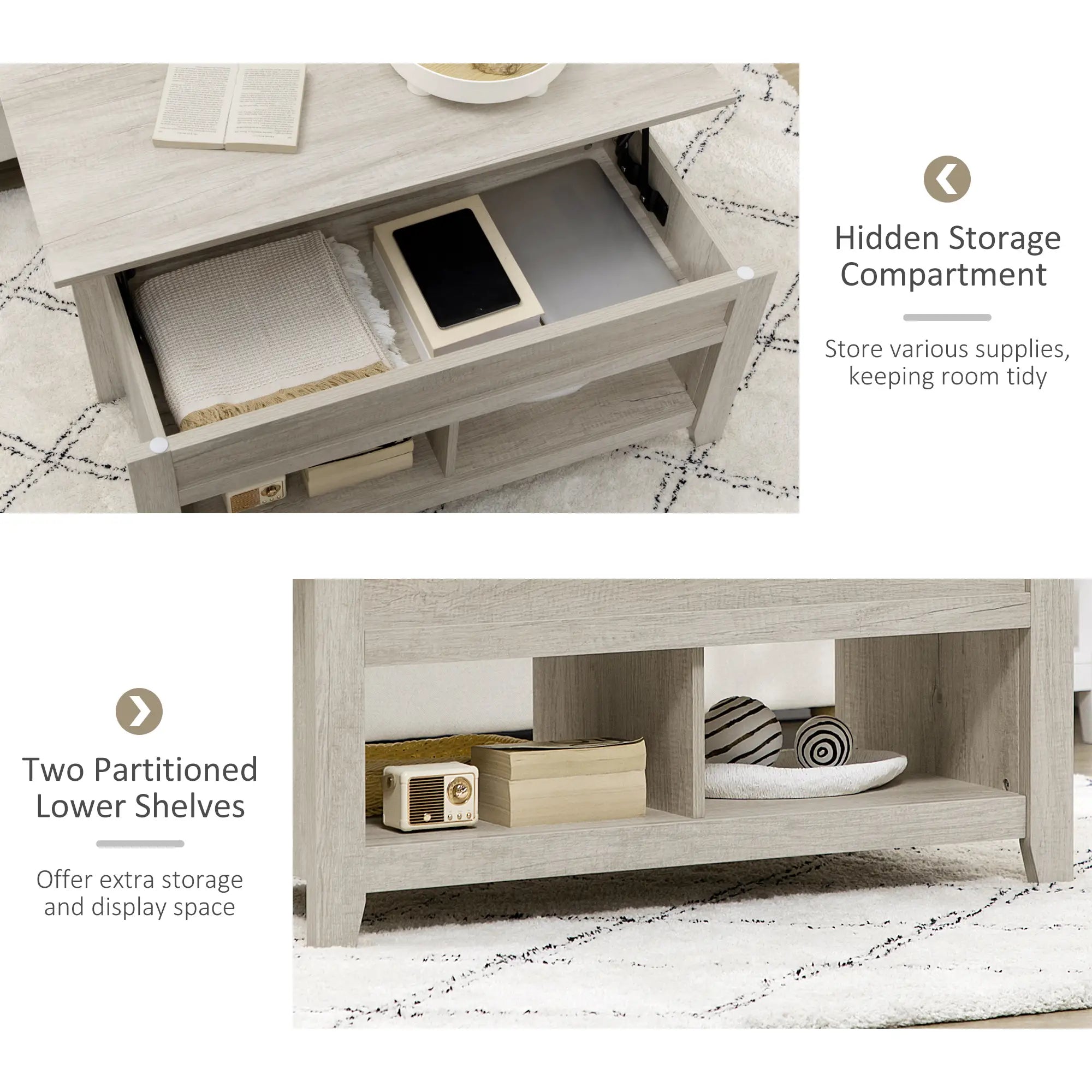 Lift Top Coffee Table, Hidden Storage, Open Shelves, Oak Effect Coffee Tables at Gallery Canada