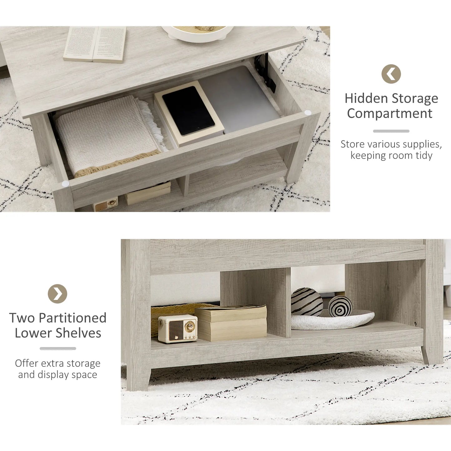 Lift Top Coffee Table, Hidden Storage, Open Shelves, Oak Effect Coffee Tables at Gallery Canada