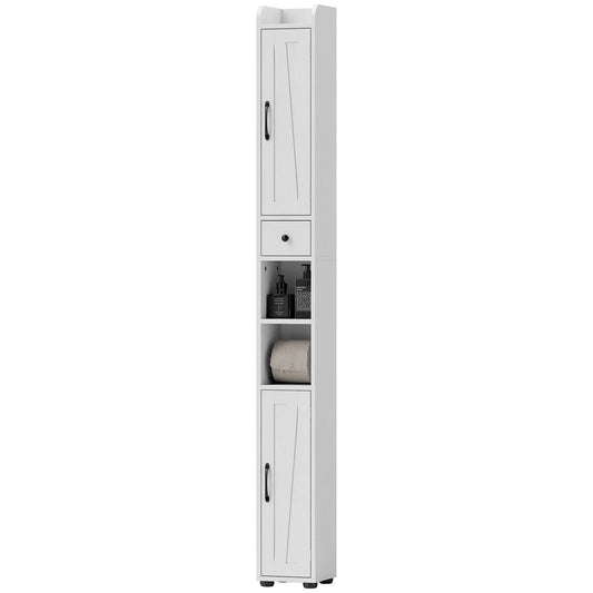 Étroit Armoire de Salle de Bain, Grand Rangement avec Portes de Grange, Tiroir, Étagères Réglables, Grain de Bois, Blanc
