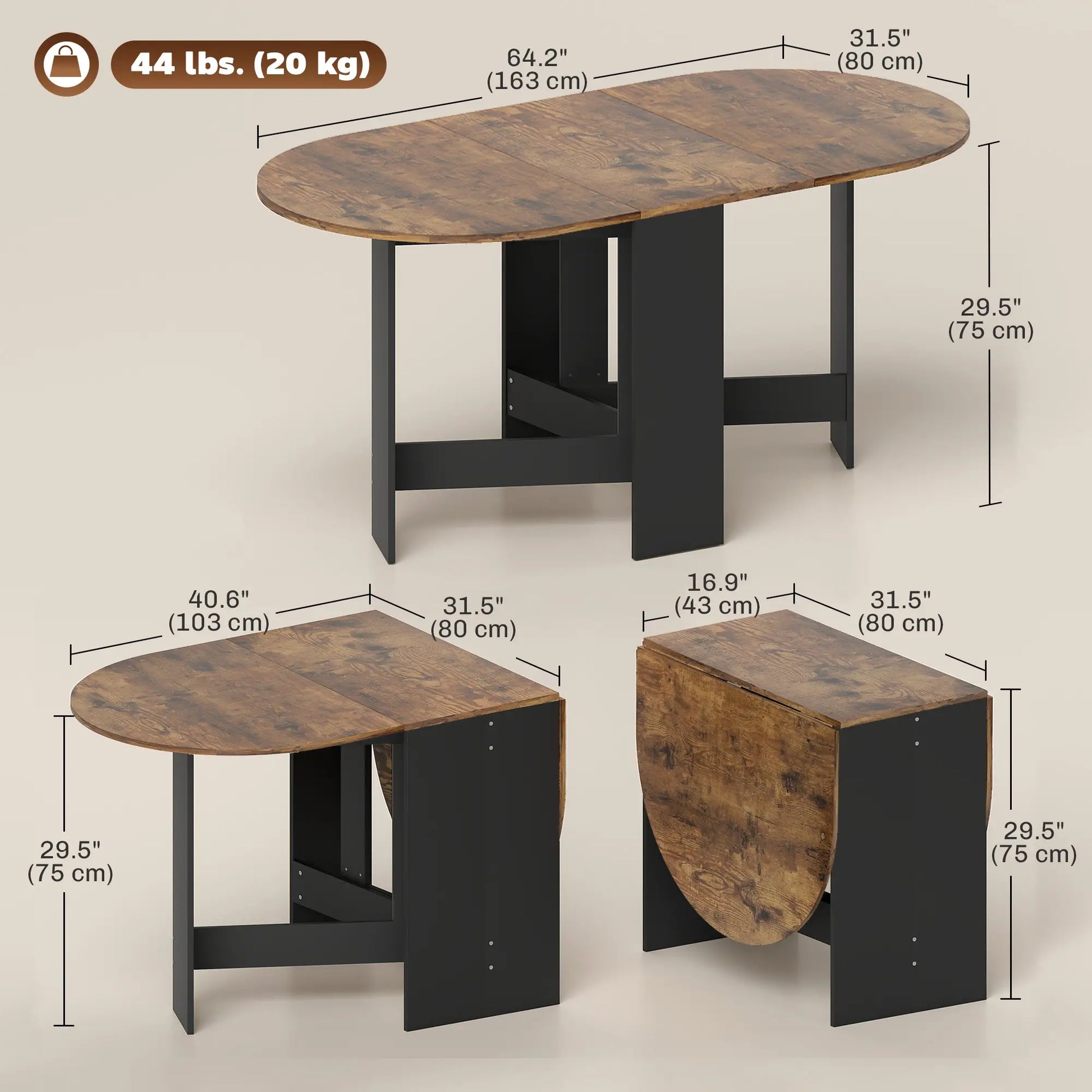 Oval Folding Dining Table, Drop Leaf Kitchen Table, Rustic Brown, Brown Dining Tables at Gallery Canada