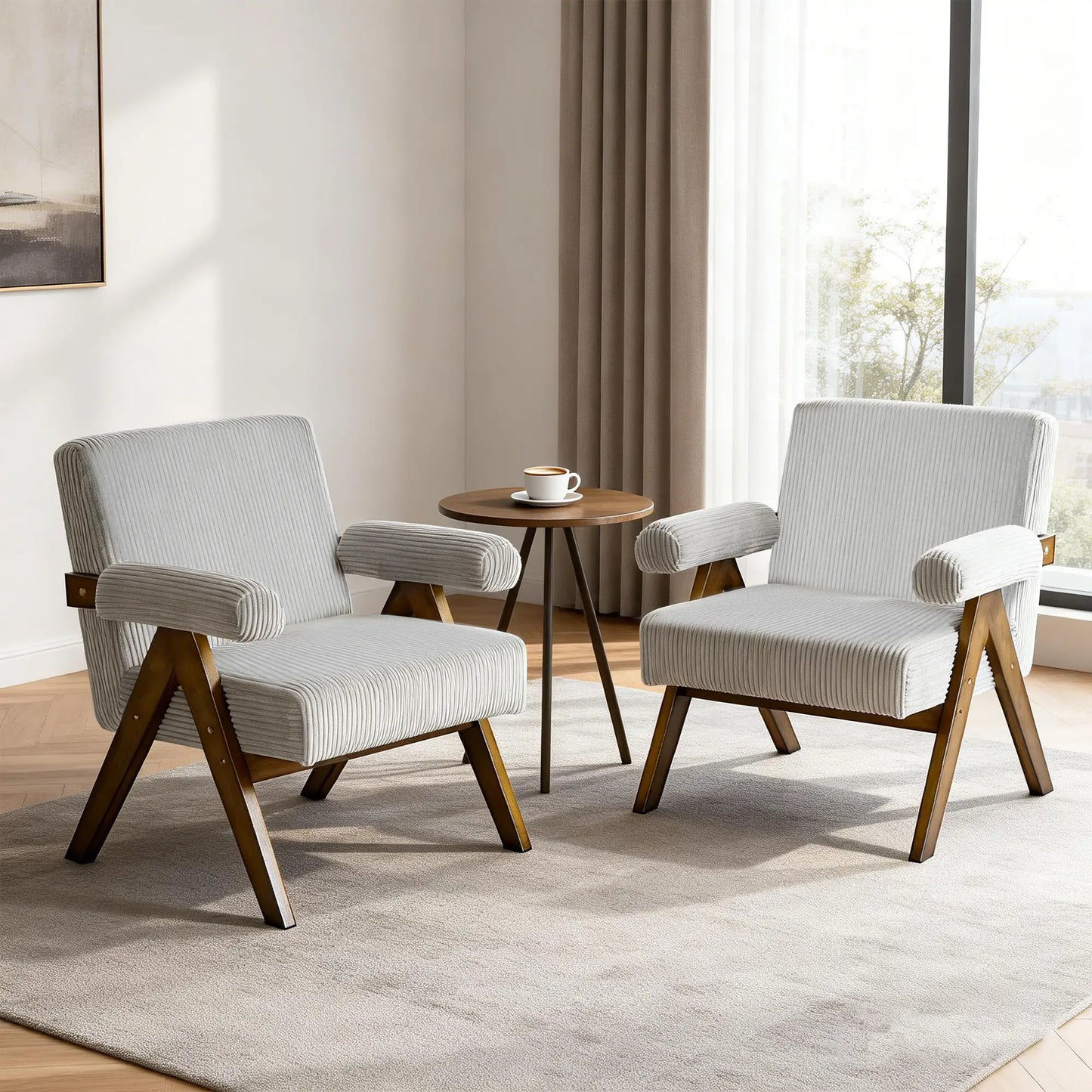 Corduroy Accent Chair Armchair with Wide Seat and Soft Padded Armrests for Reading, Bedroom, Light Grey Accent Chairs at Gallery Canada