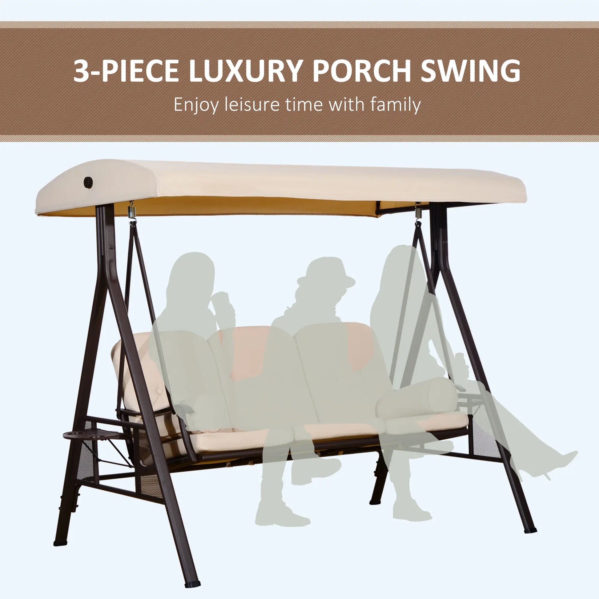3 Seater Heavy Duty Swing Chair, Outdoor Lounge Hammock, Cushioned Seat With Tilt Canopy, Beige Porch Swings with Canopy at Gallery Canada