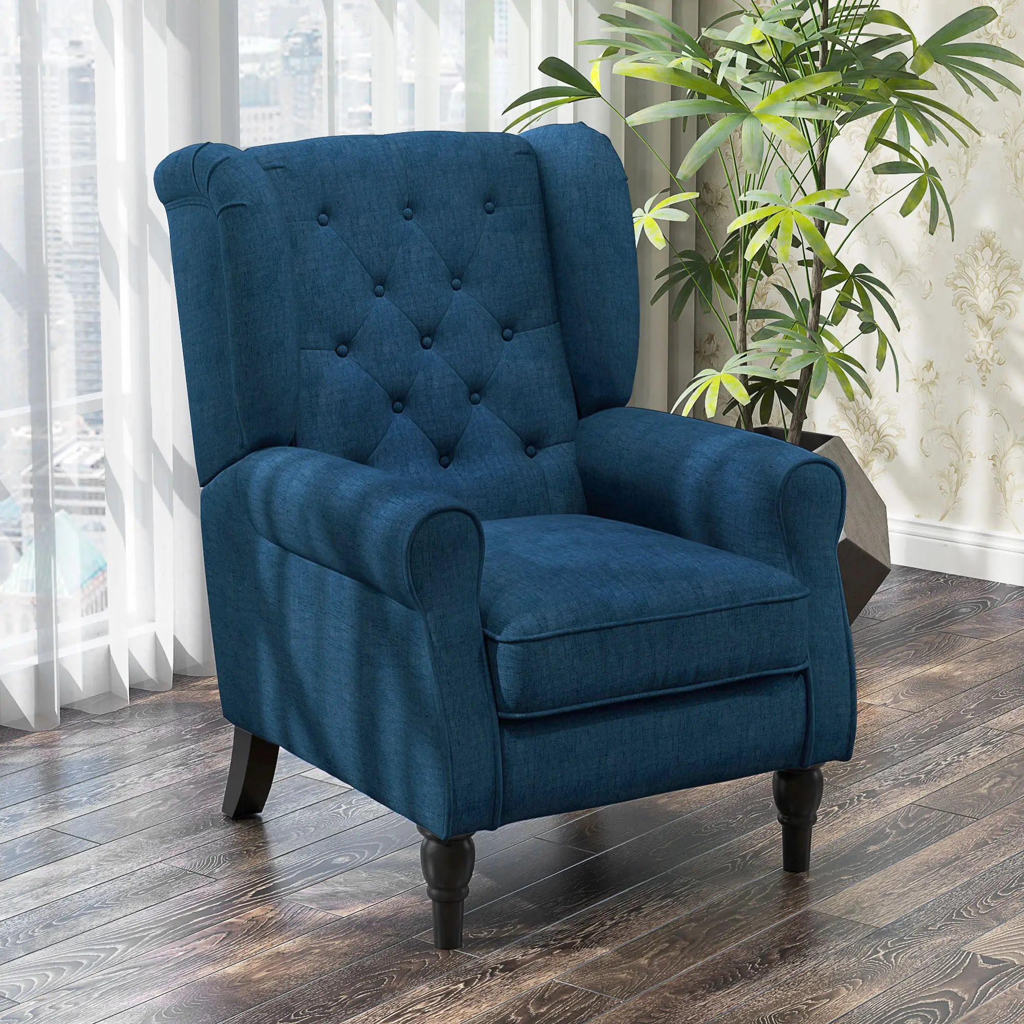 Fabric Accent Chair, Button Tufted Armchair, Upholstered with Wood Legs, Blue Single Sofas at Gallery Canada