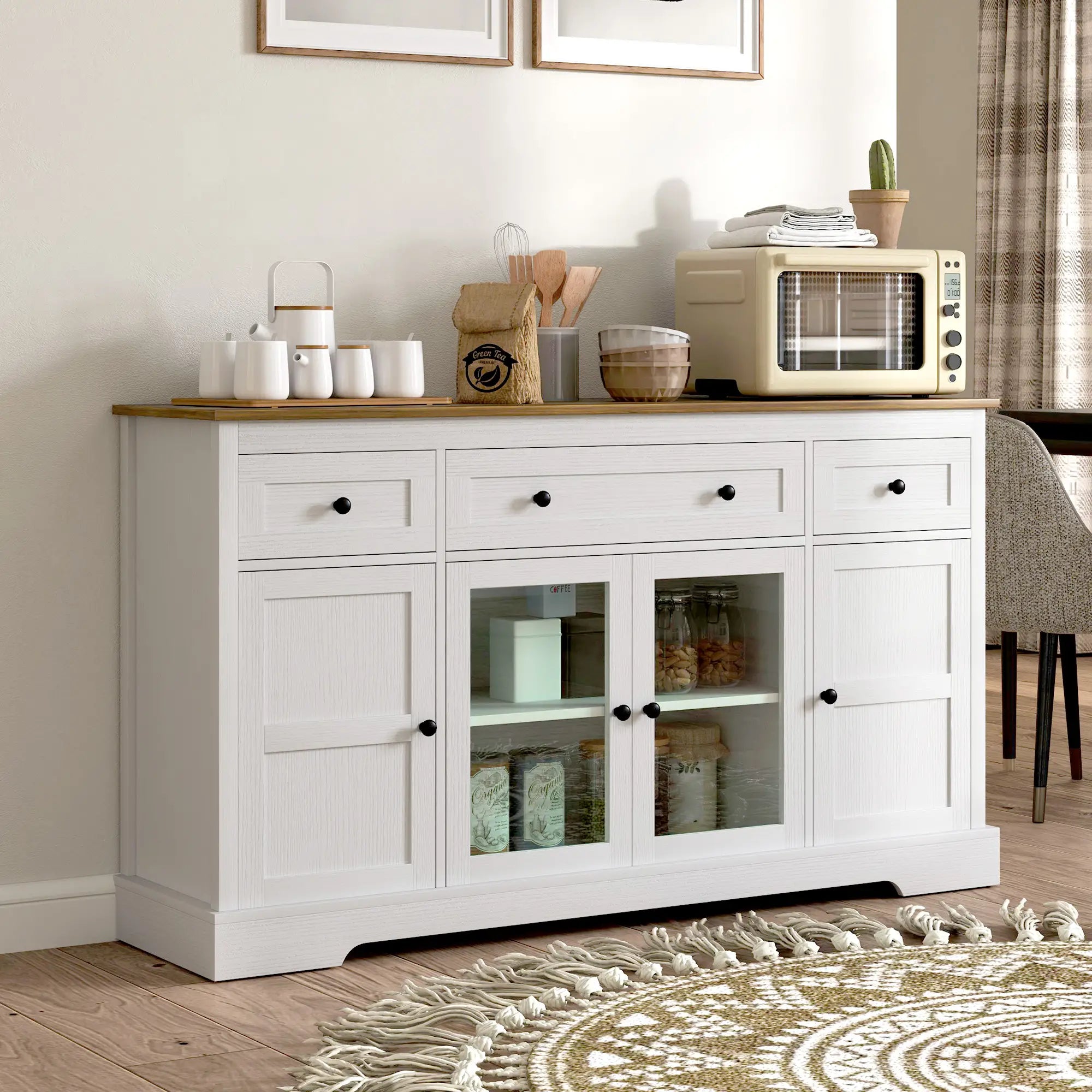 Sideboard Buffet Cabinet, Coffee Bar with Glass Doors, Adjustable Shelves, Distressed White, White Bar Cabinets at Gallery Canada