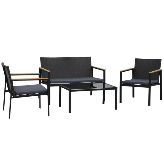 4-Piece Wicker Patio Set, Outdoor Rattan Chairs, Loveseat, Glass Table, Black Patio Furniture Sets Black at Gallery Canada