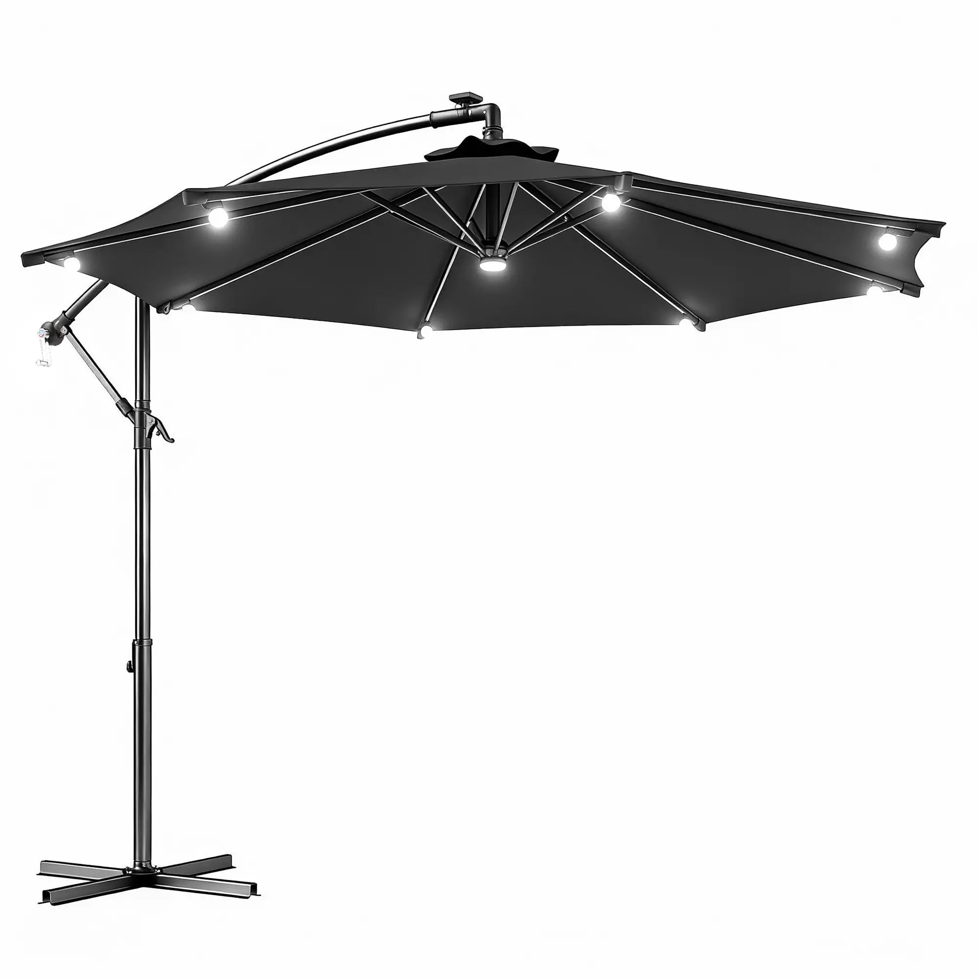 8.8FT Cantilever Patio Umbrella, Solar LED Lights, Crank Handle, Grey Offset Cantilever Umbrellas at Gallery Canada