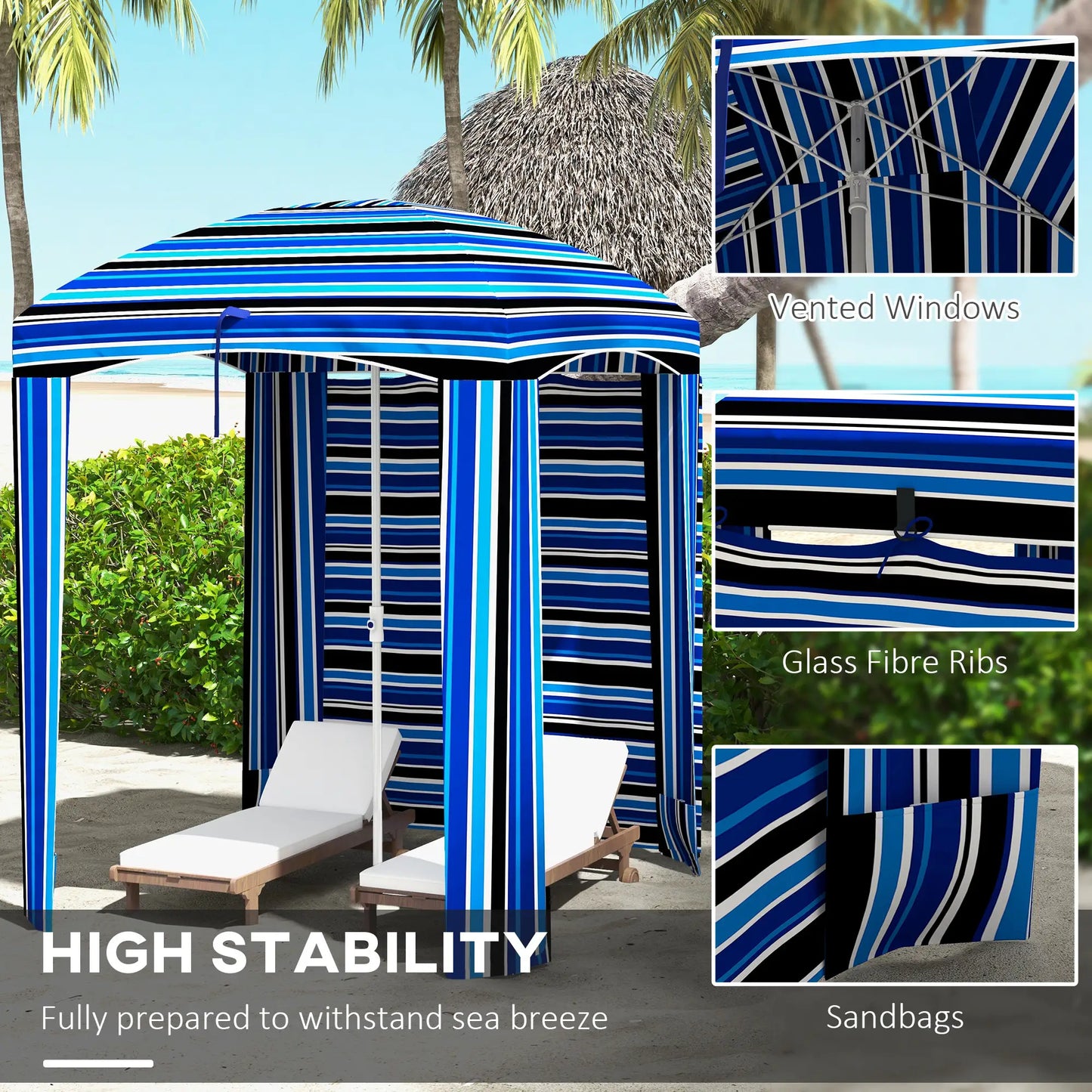 70.1" L x 70.1" W Cabana Umbrella, With Walls, Vents, Carry Bag, Blue Stripe