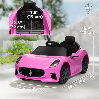 12V Maserati Gran Turismo Licensed Kids Electric Car w/ Remote Control, Soft Start, LED Lights, Music, Horn, MP3, Pink Electric Toy Cars at Gallery Canada