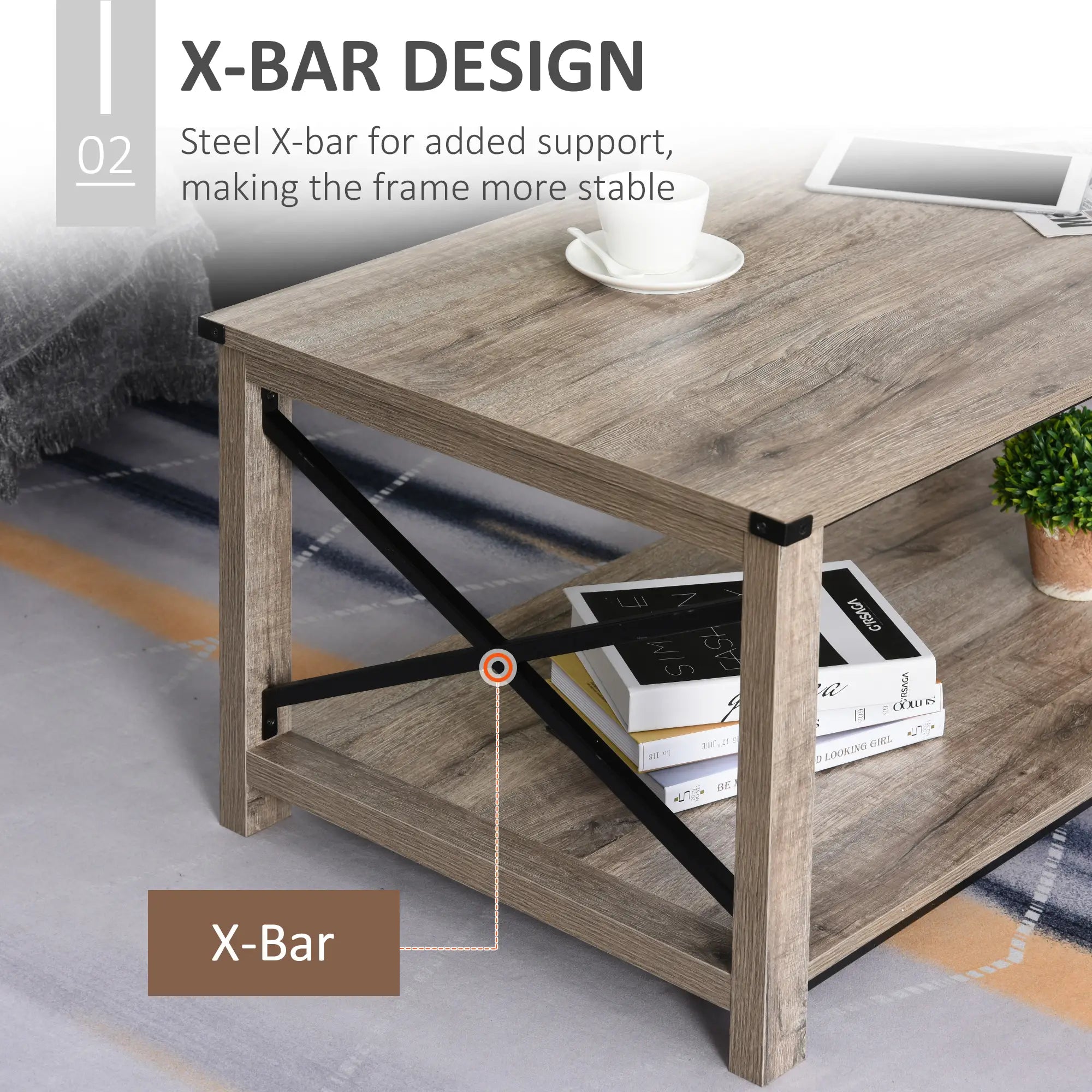 Industrial Coffee Table, Metal X-Bar, Storage Shelf, Living Room Coffee Tables at Gallery Canada