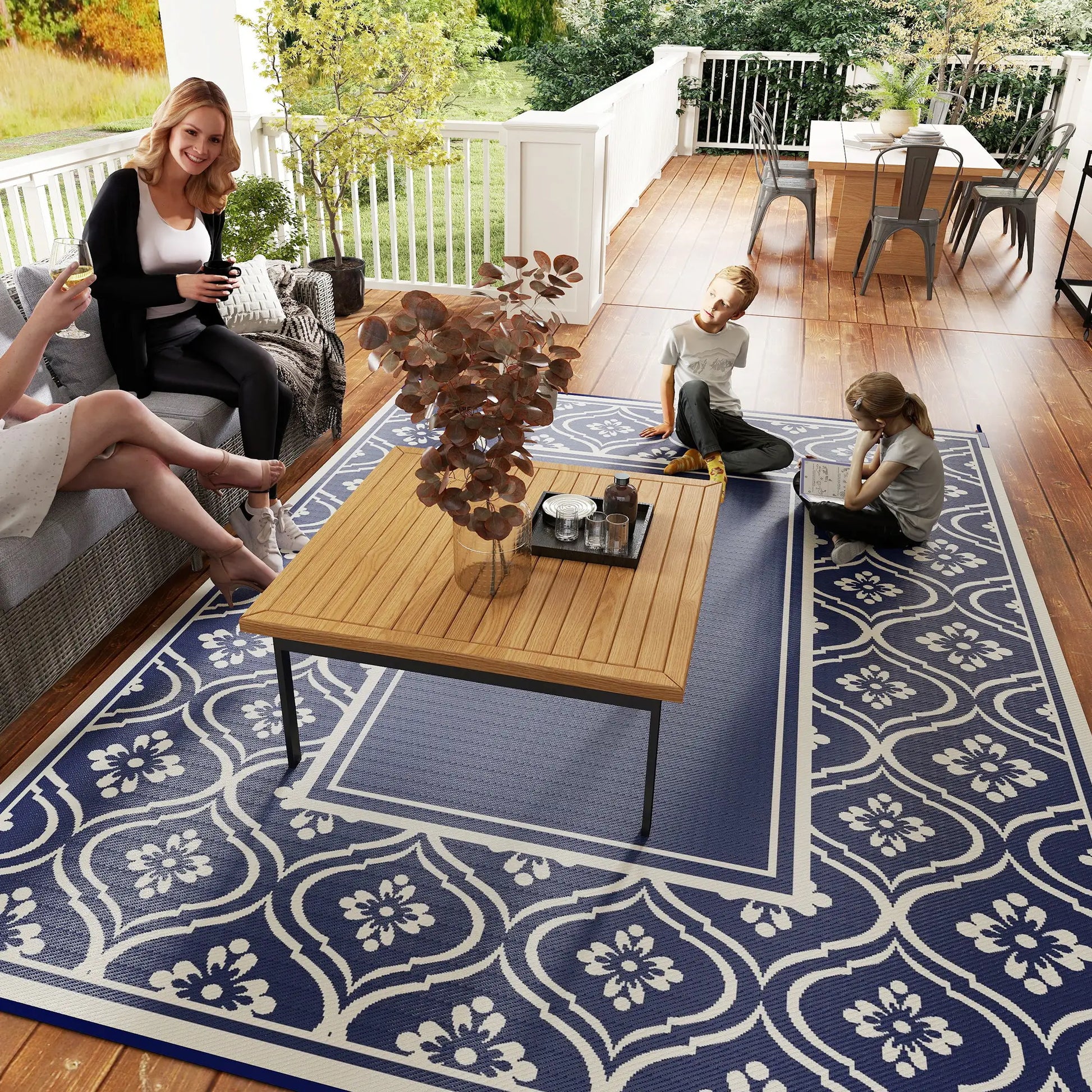 9' x 12' Outdoor RV Rug, Reversible, Gourd Border, Blue White, Blue Garden Decor at Gallery Canada