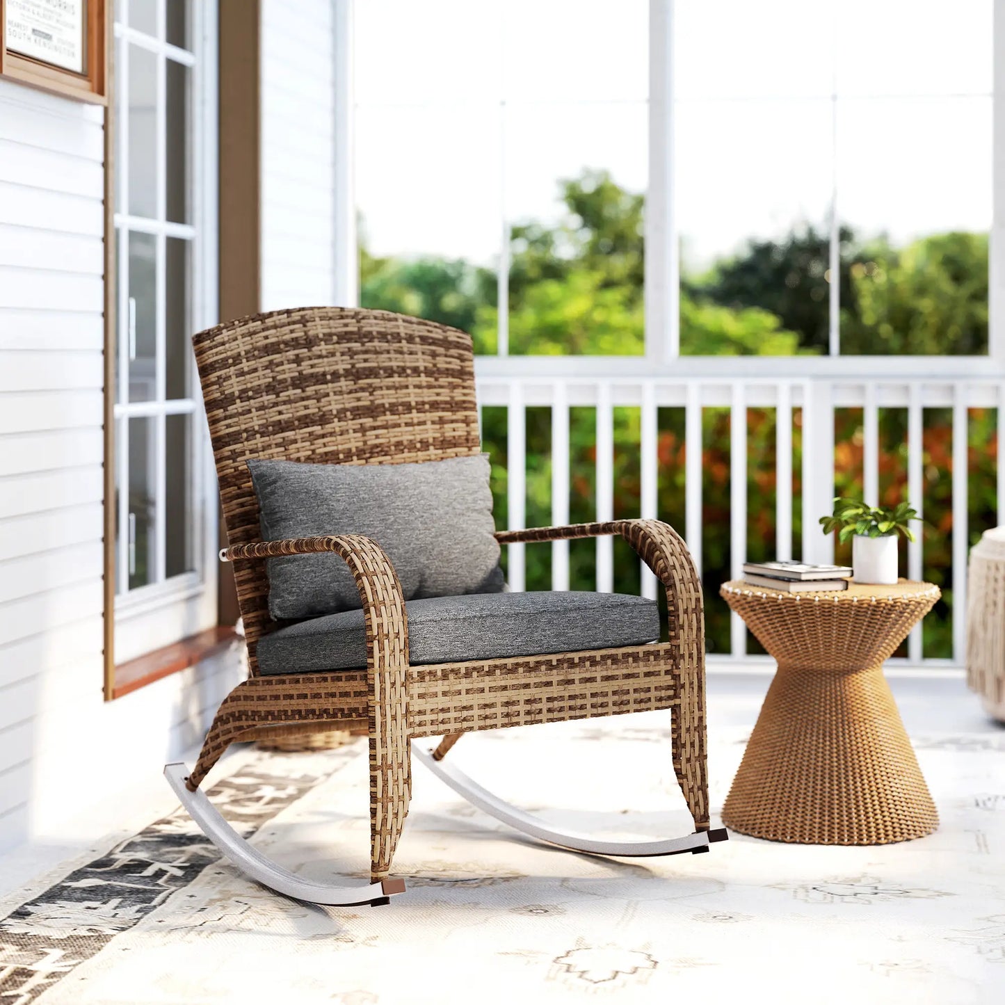 Outdoor Wicker Rocking Chair, High Back, Seat Cushion, Pillow, Grey/Yellow Outdoor Rocking Chairs at Gallery Canada