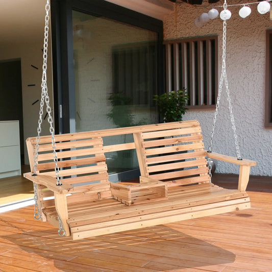 3 Seater Wood Patio Swing, Foldable Table, Cup Holders, Steel Chains, Natural Hanging Porch Swings Natural at Gallery Canada