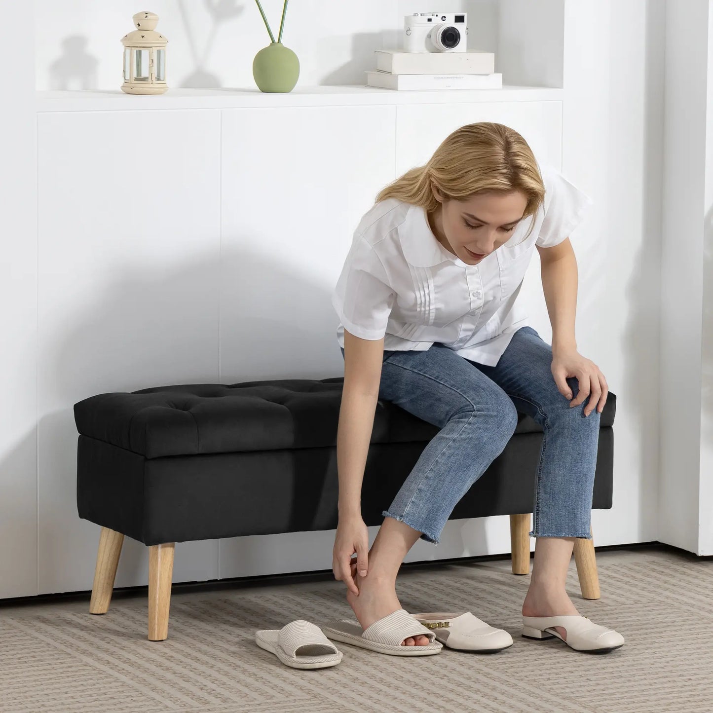 Velvet Storage Ottoman with Lid, Wood Legs, Black Storage Ottomans & Benches at Gallery Canada