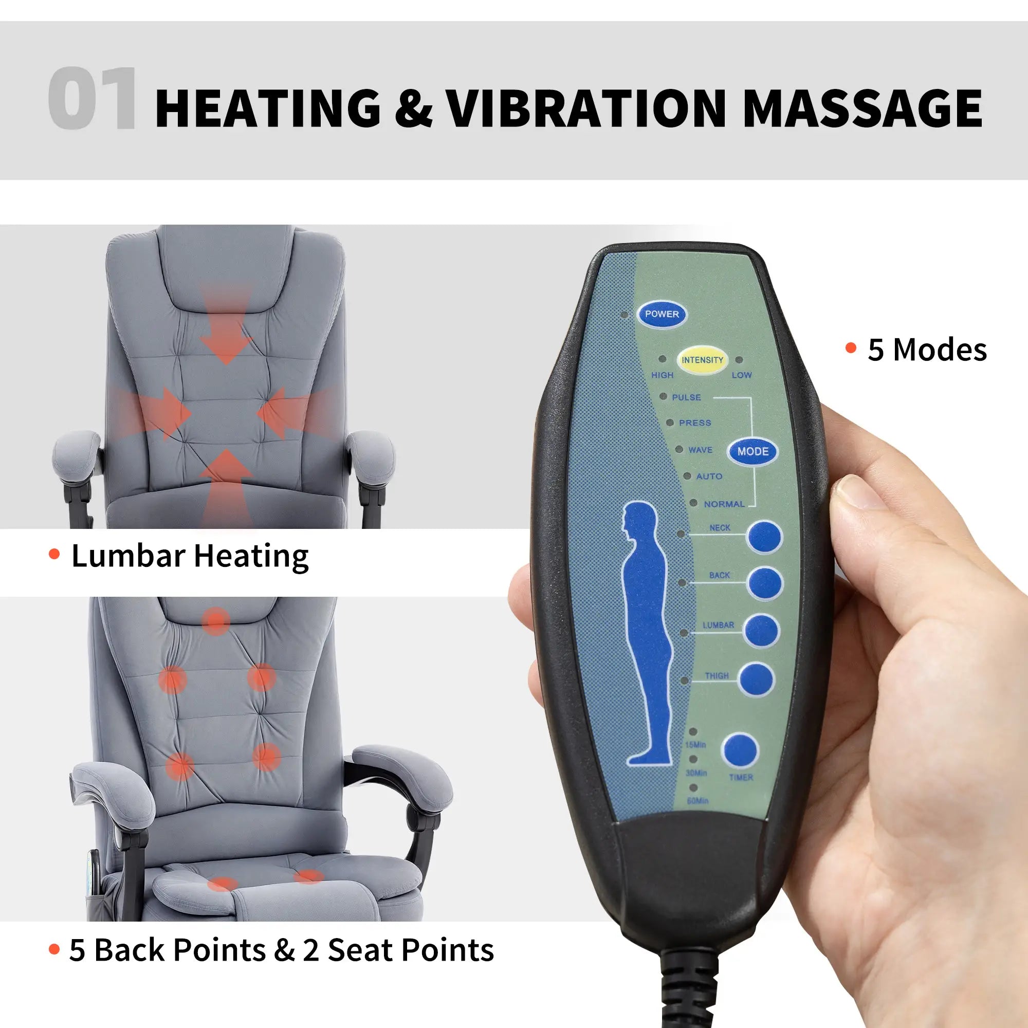 7 Point Vibrating Massage Chair, Reclining Office Chair, Adjustable Height, Grey Massage Chairs at Gallery Canada