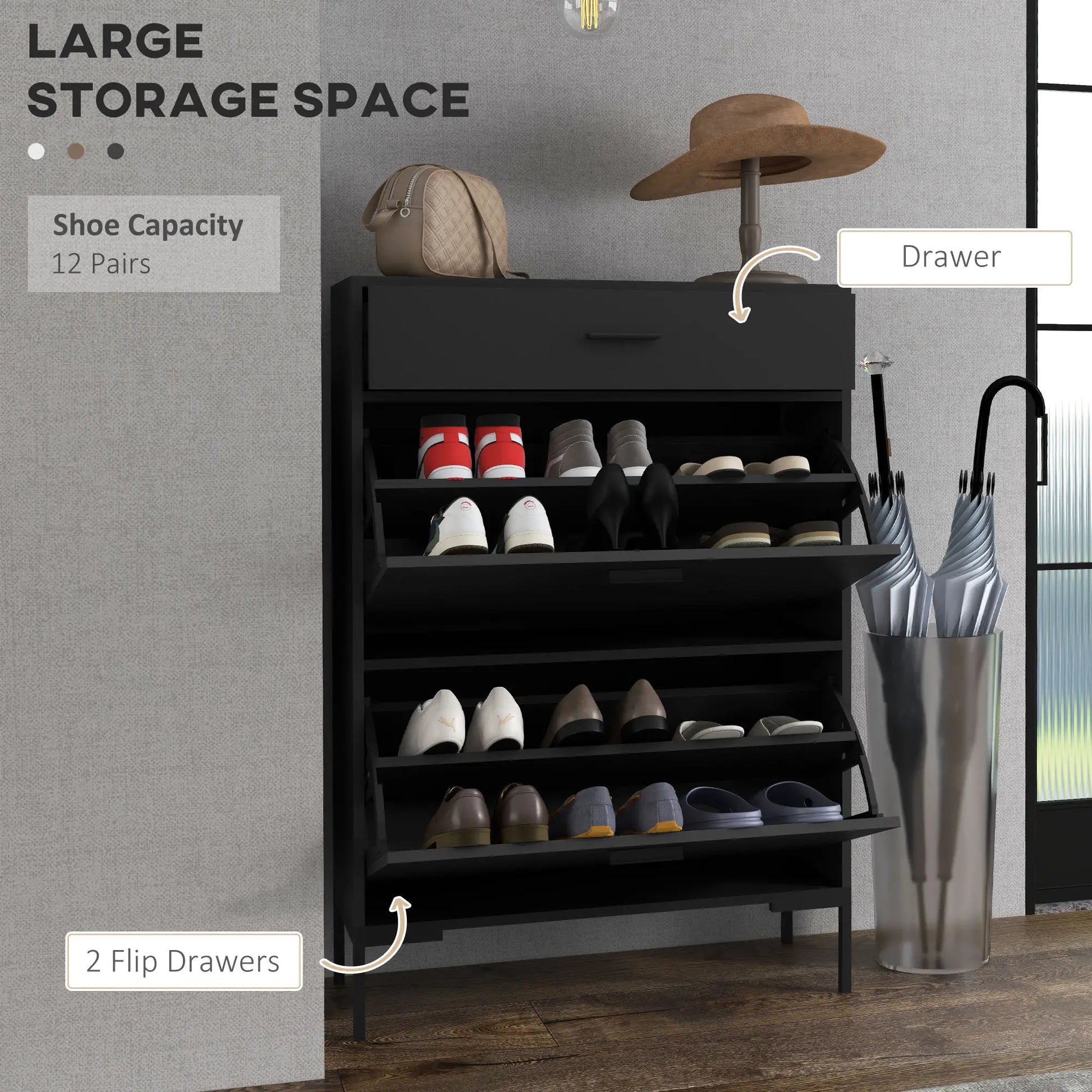 Modern Shoe Cabinet, 12 Pair Organizer, 2 Flip Doors, Adjustable Shelf, Black Shoe Storage Cabinets & Racks at Gallery Canada