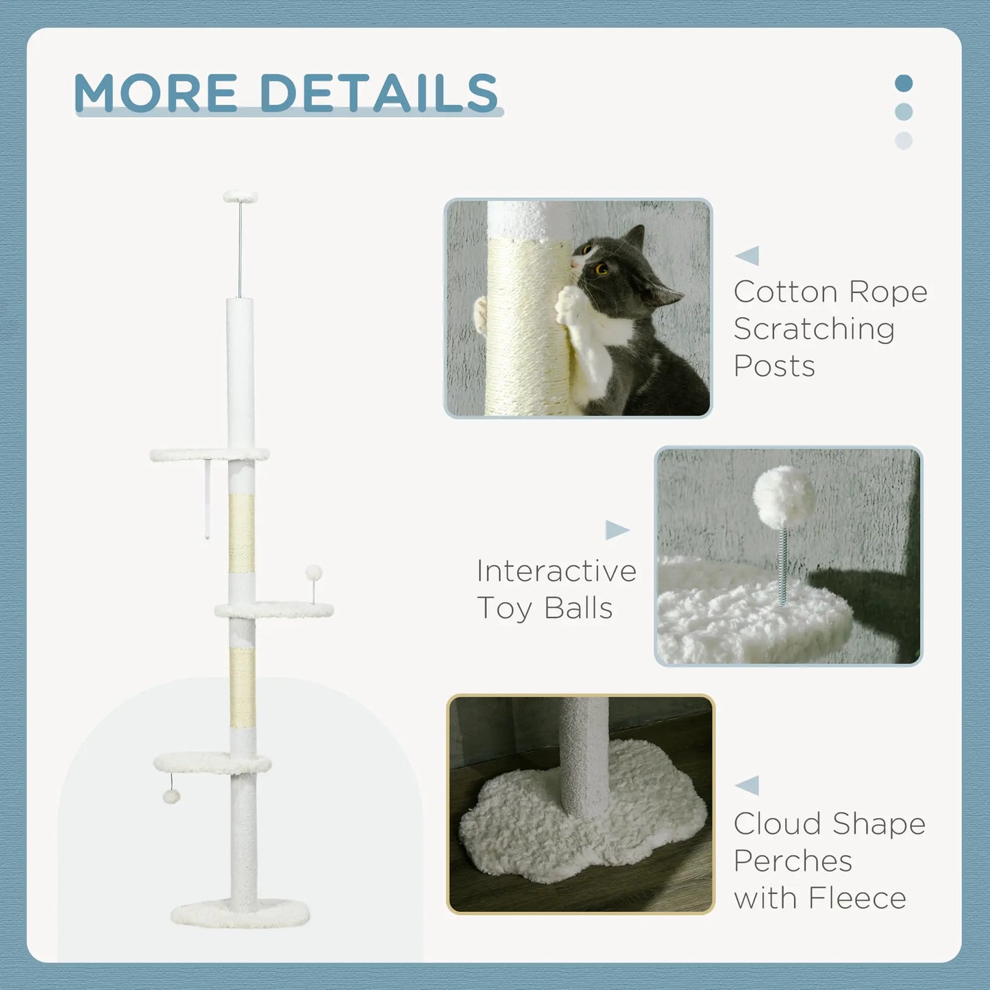 88.5"-100.5" Floor to Ceiling Cat Tree, Scratching Posts, Cloud Platforms, Dangling Balls, White Floor to Ceiling Cat Trees at Gallery Canada
