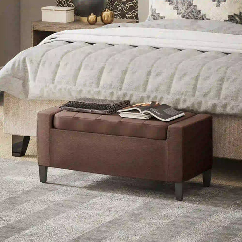 Storage Ottoman Bench, Linen Upholstered, Tufted, Brown