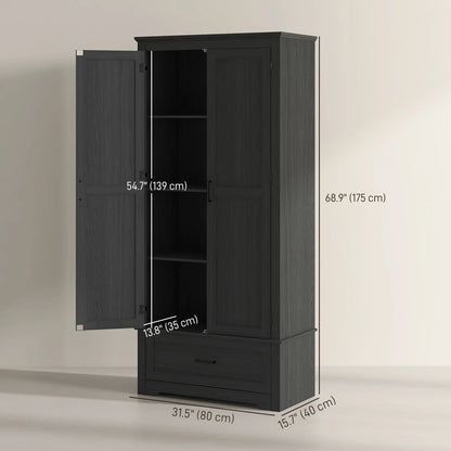 69" Tall Farmhouse Pantry Cabinet, 2 Doors, Drawer, Adjustable Shelves, Black Wood Grain, Black Kitchen Pantry Cabinets at Gallery Canada