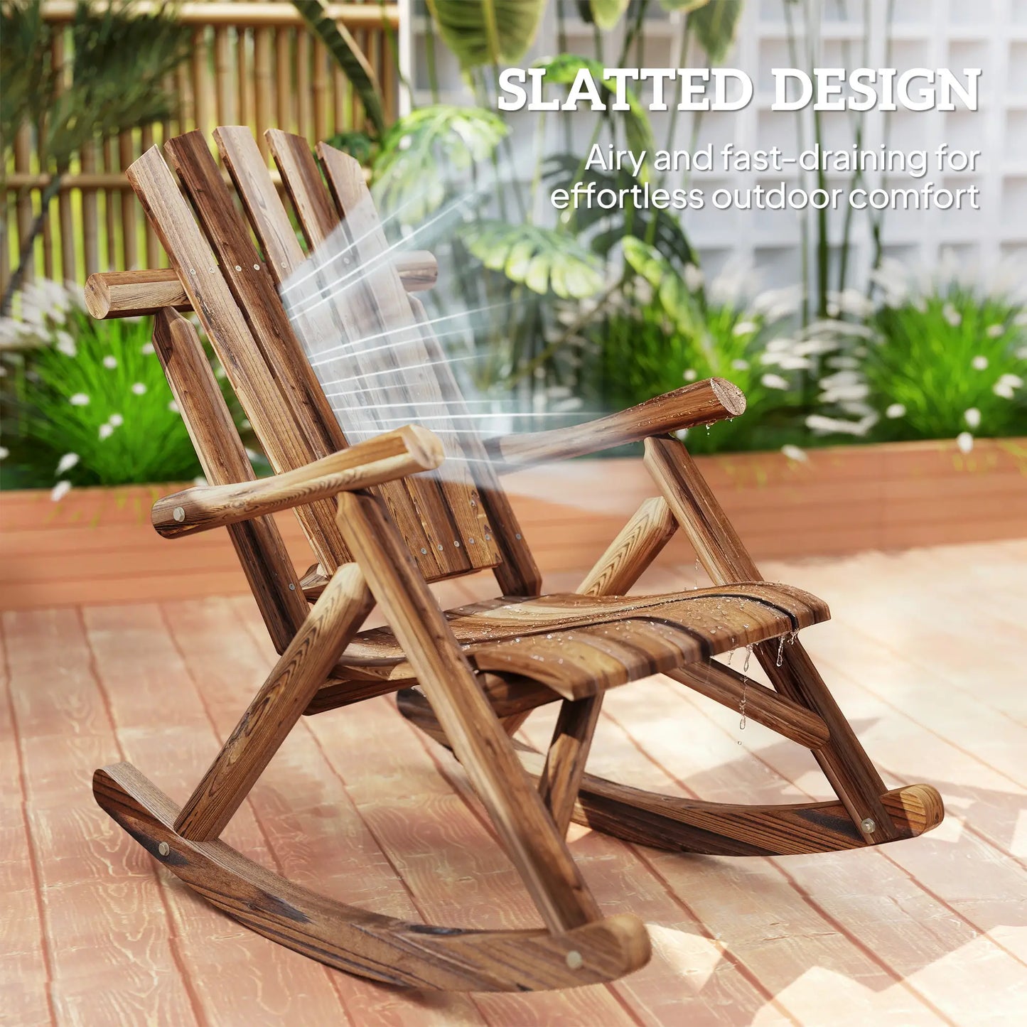Wooden Outdoor Rocking Chair, Oversized Adirondack Patio Rocker, Carbonized