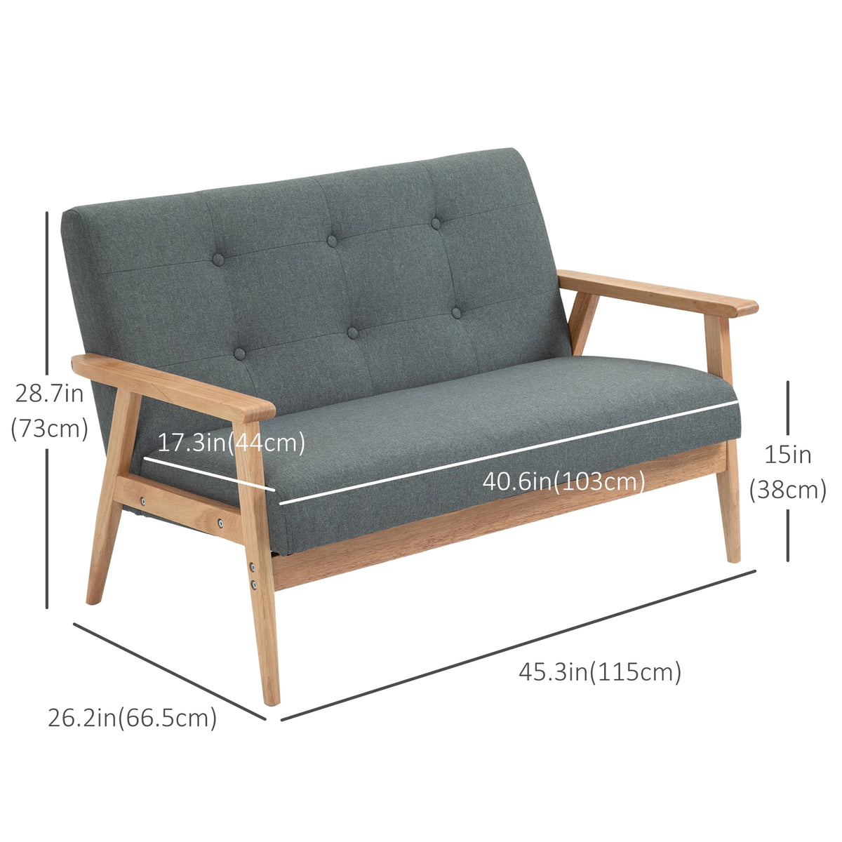 45" 2 Seat Sofa Upholstered Couch, Rubber Wood Legs, Dark Grey 2-Seater Sofas at Gallery Canada