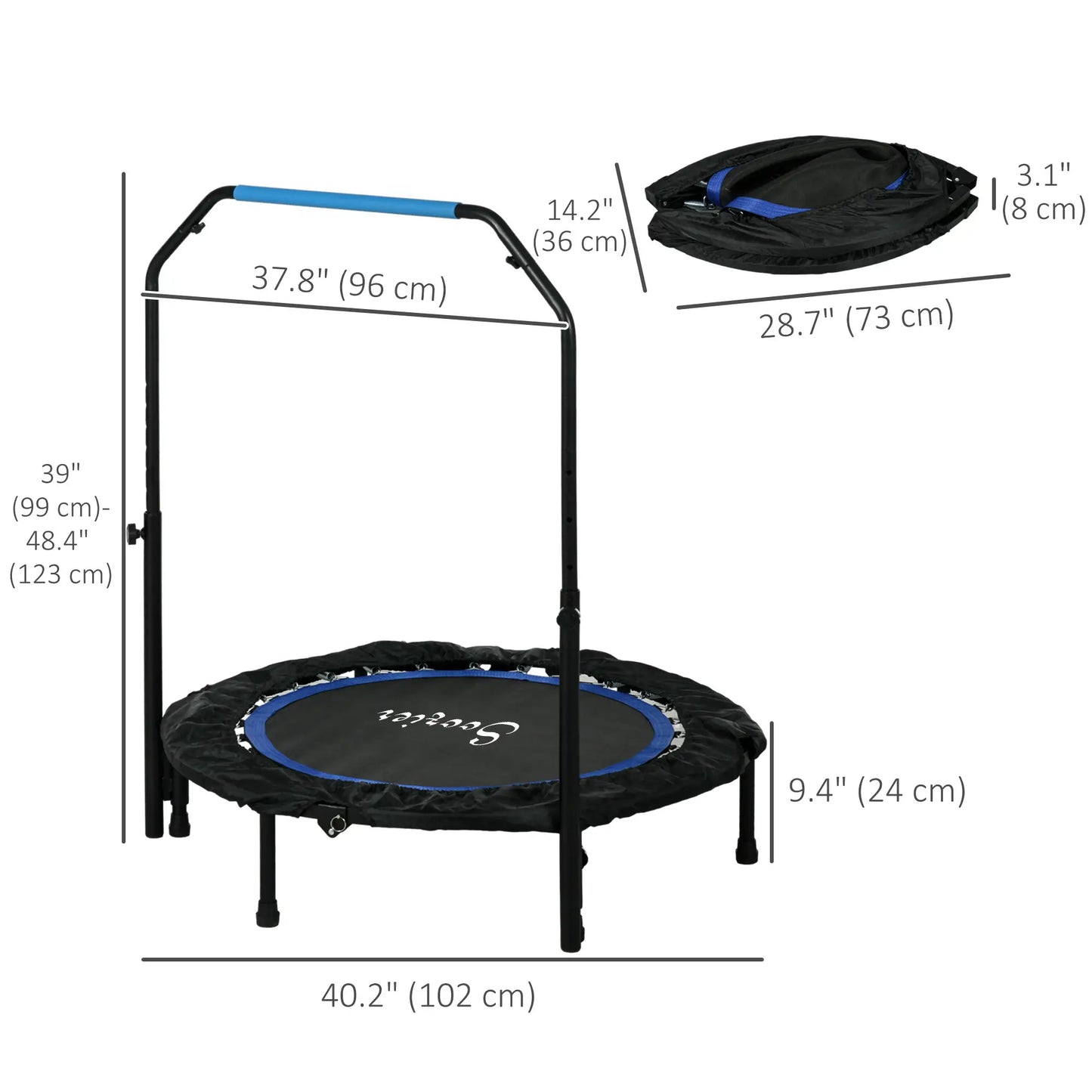 40" Foldable Mini Fitness Trampoline, Adjustable Foam Handle, Blue Trampolines at Gallery Canada