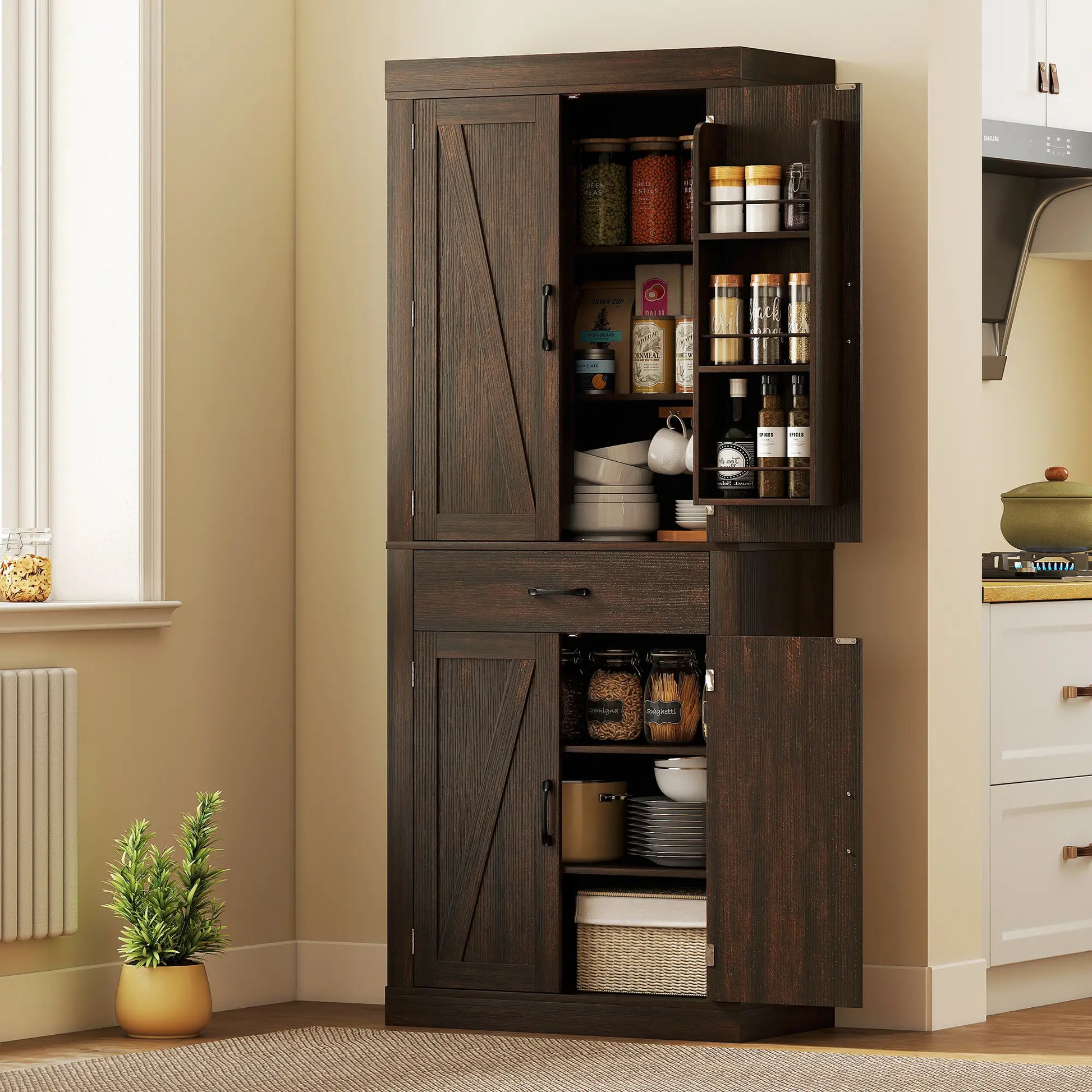 72 Inch Kitchen Pantry Cabinet, Farmhouse Storage, 4 Barn Doors, Brown Kitchen Pantry Cabinets at Gallery Canada