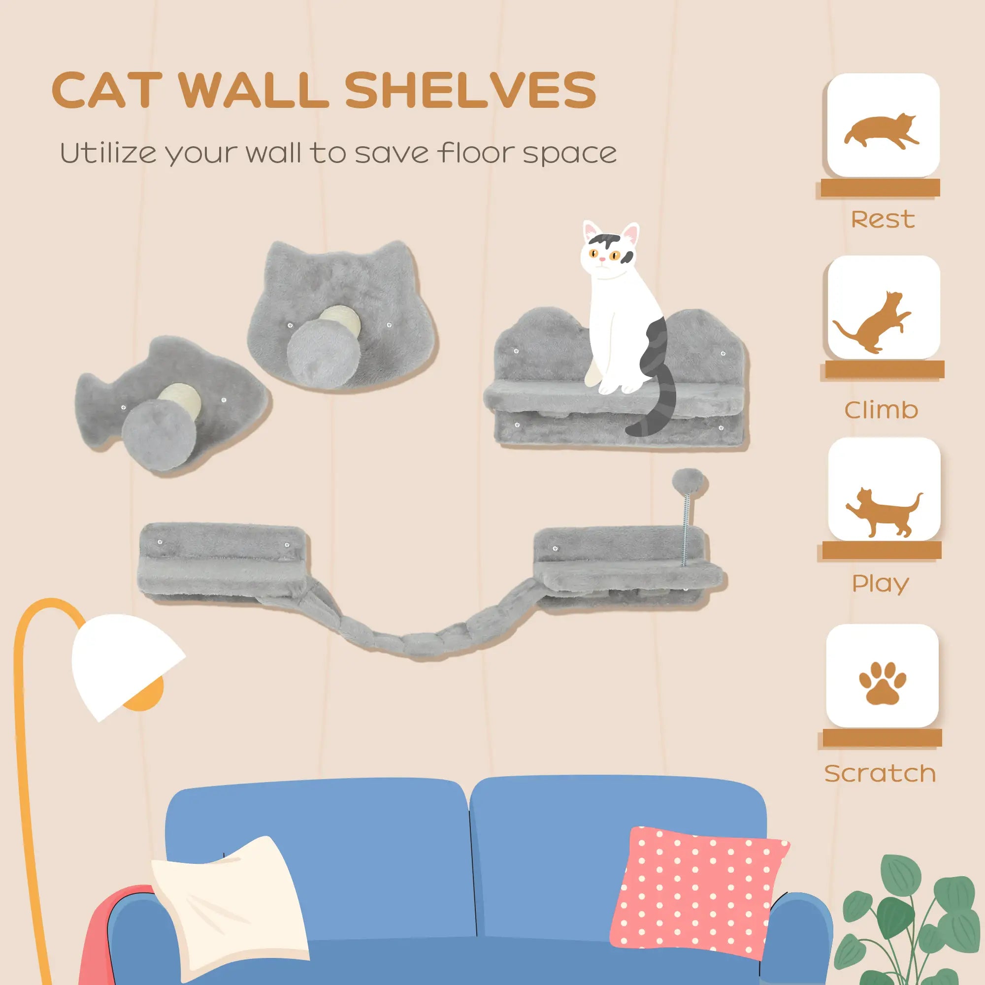 4PCs Cat Wall Shelves, Steps, Scratching Posts, Ladder, Platforms Cat Climbing Wall at Gallery Canada