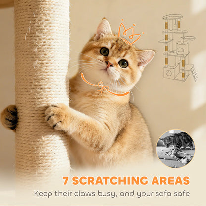67" Large Cat Tree with 7 Scratching Posts, Tunnel, 2 Condos, Hammock, Perch, Ramp, Pompoms, Light Grey