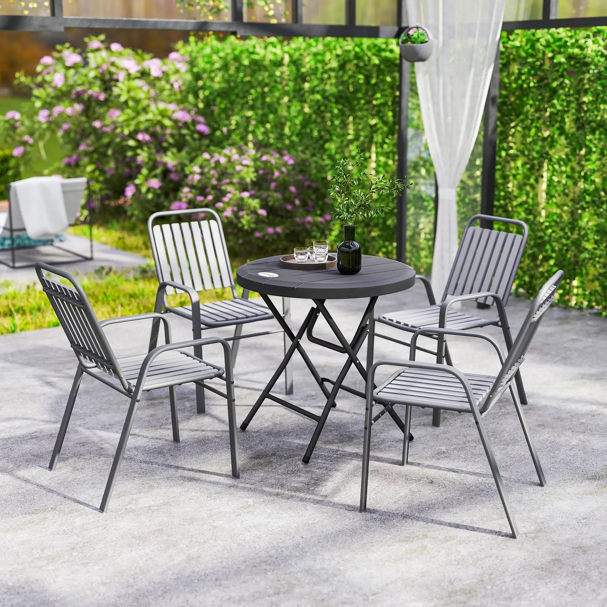 Foldable Round Outdoor Dining Table for 4, HDPE Tabletop, Steel Frame, Dark Grey Patio Dinning Tables at Gallery Canada