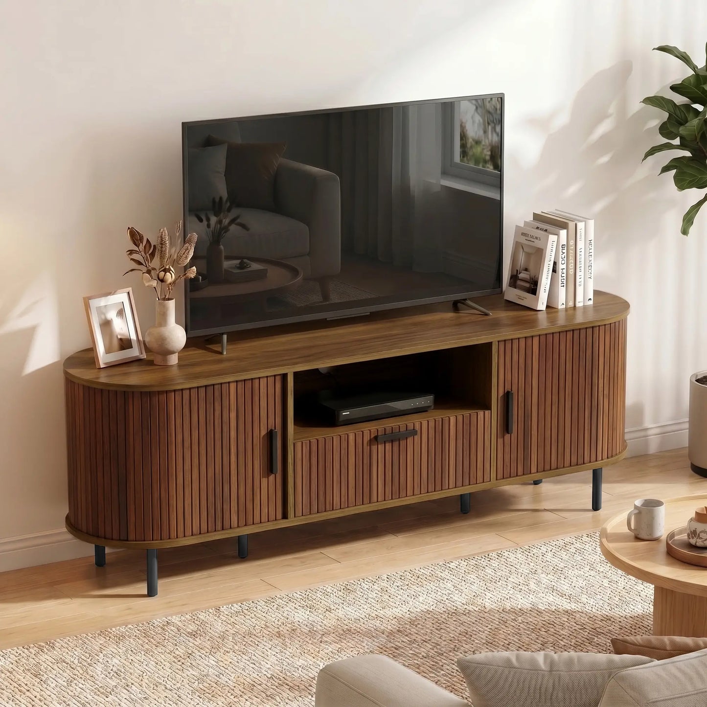 TV Stand for TVs up to 60", Modern Entertainment Center with Curved Sliding Doors and Storage, Brown