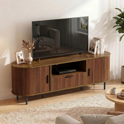 TV Stand for TVs up to 60", Modern Entertainment Center with Curved Sliding Doors and Storage, Brown