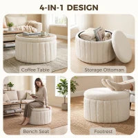 Table basse ronde, rangement dissimulé, polaire sherpa, couvercle réversible, blanc crème, blanc crème