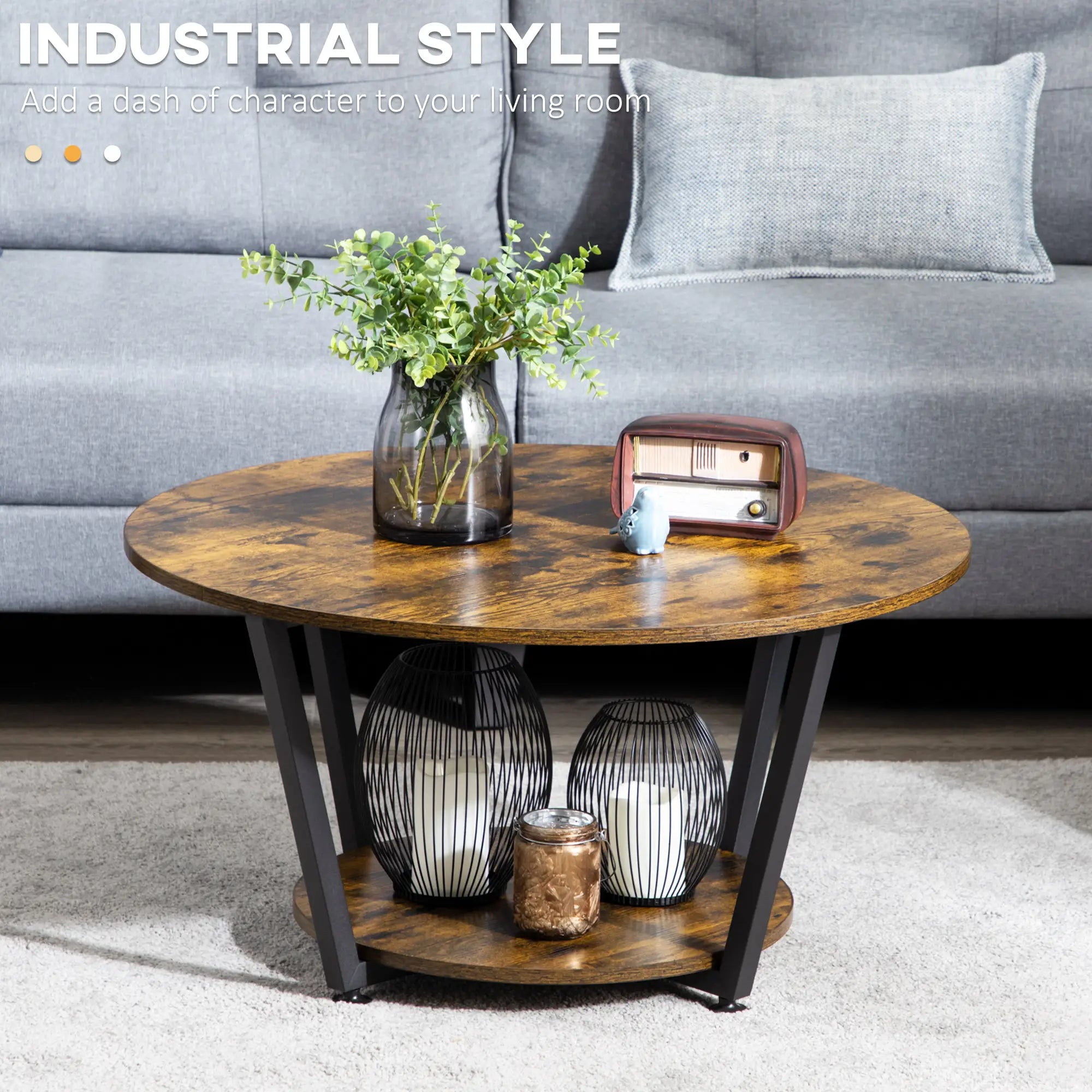 2-Tier Round Coffee Table, Storage Shelf, Steel Frame, Rustic Brown, Brown Coffee Tables at Gallery Canada