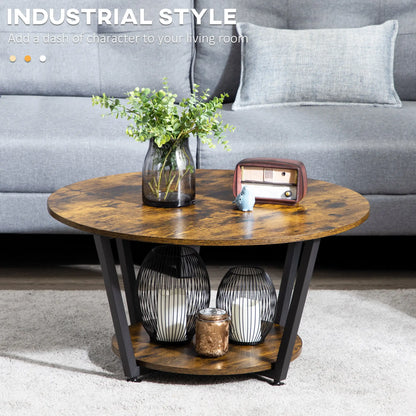 2-Tier Round Coffee Table, Storage Shelf, Steel Frame, Rustic Brown, Brown Coffee Tables at Gallery Canada